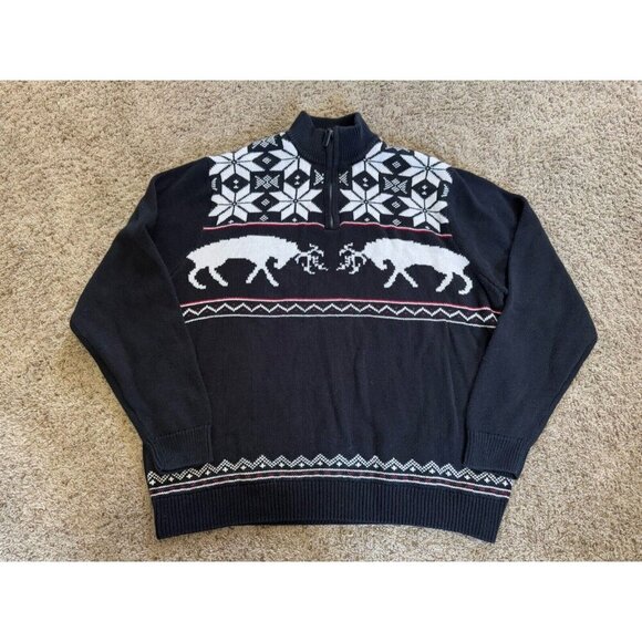 CHAPS Knit Sweater Winter Moose Snow Mock Neck 1/4 Zip Sz XXL Grandpa Core Cabin - Picture 1 of 6